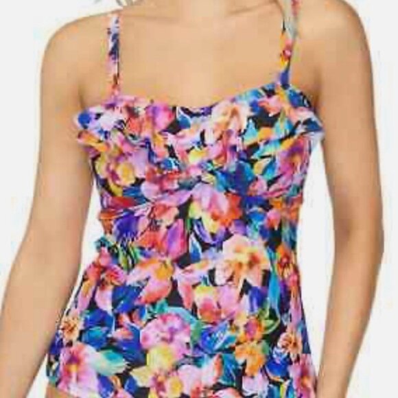 Island Escape Ruffled Underwire Tankini Top Black Multicolor Floral Print Size 8 - Picture 1 of 2